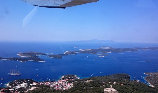 Panoramic flight over the islands Brac, Hvar and Solta from island Brac